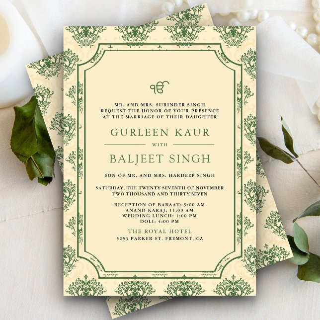 Invitación Ikat Verde Crema Anand Karaj Boda Sikh (Subido por el creador)