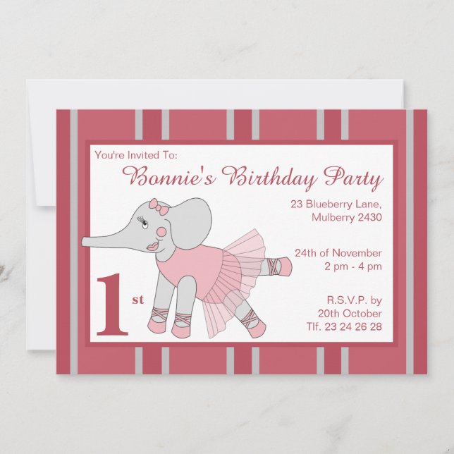 Invitación illusima Ballerina Elephant Chicas Maroon Cumpleañ (Anverso)