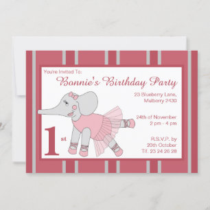 Invitación illusima Ballerina Elephant Chicas Maroon Cumpleañ