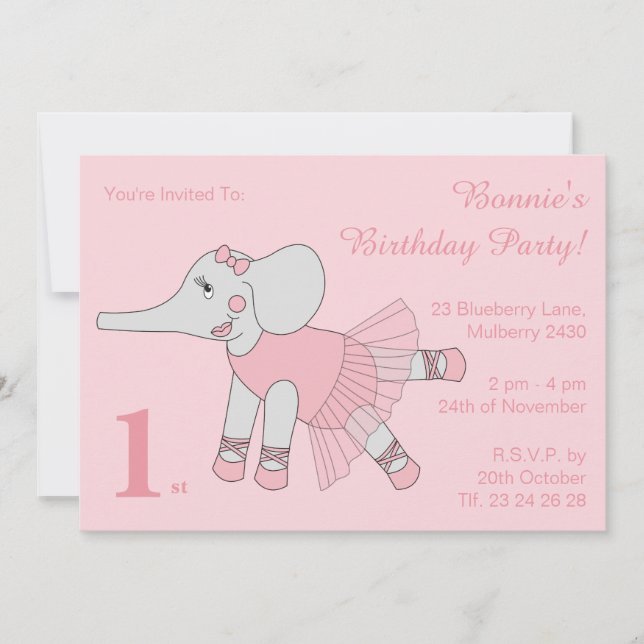 Invitación illusima Ballerina Elephant Chicas Pink Birday (Anverso)