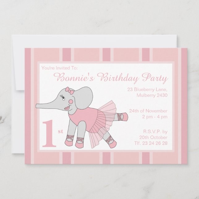 Invitación illusima Ballerina Elephant Light Pink Birday (Anverso)