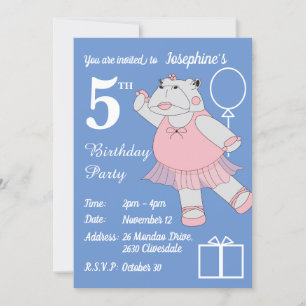 Invitación illusima Ballerina Hippo Blue Birthday Party