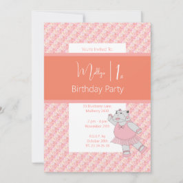 Invitación illusima Ballerina Hippo Floral Peach 1º cumpleaño