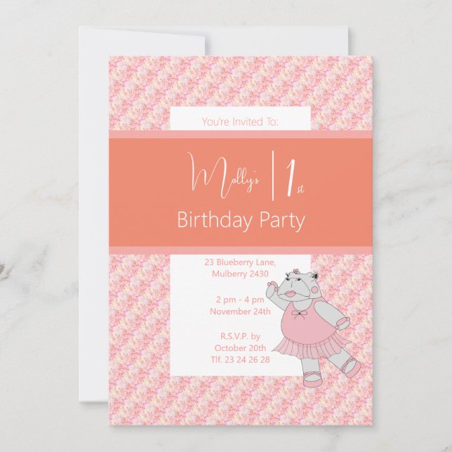 Invitación illusima Ballerina Hippo Floral Peach 1º cumpleaño (Anverso)