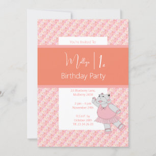 Invitación illusima Ballerina Hippo Floral Peach 1º cumpleaño