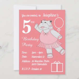 Invitación illusima Ballerina Hippo Peach Birday Party
