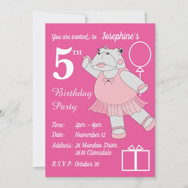 Invitación illusima Ballerina Hippo Pink Birthday Party (Anverso)