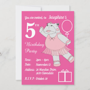 Invitación illusima Ballerina Hippo Pink Birthday Party