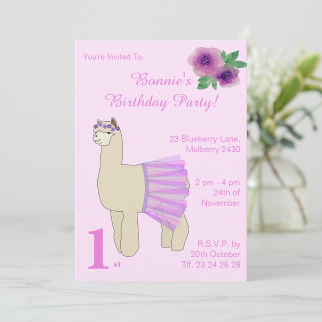 Invitación illusima Ballerina Llama Chicas cumpleaños rosado (Anverso de pie)