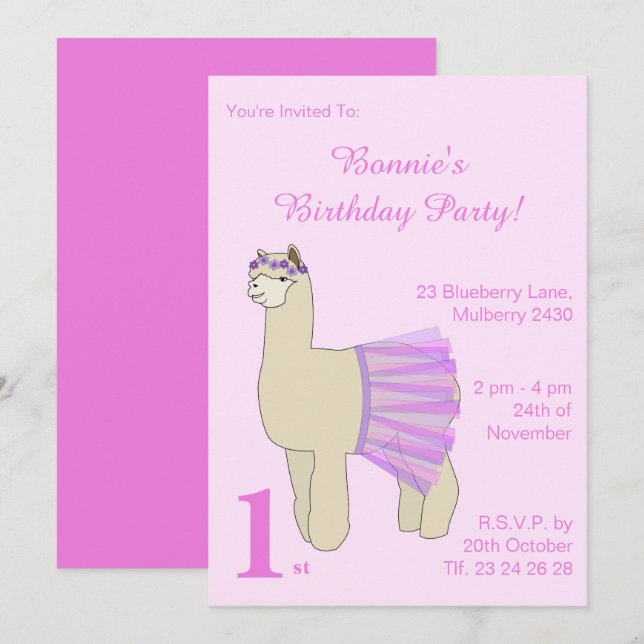 Invitación illusima Ballerina Llama Chicas cumpleaños rosado (Anverso / Reverso)