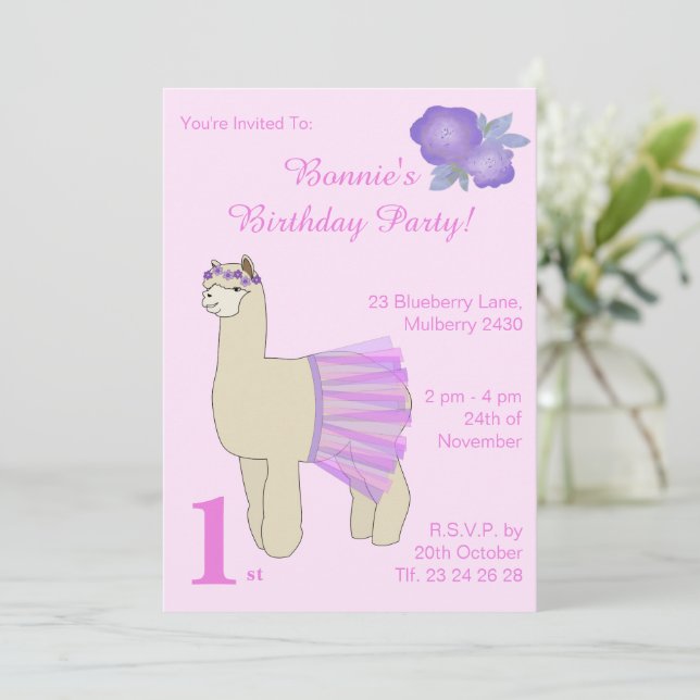 Invitación illusima Ballerina Llama Chicas cumpleaños rosado (Anverso de pie)
