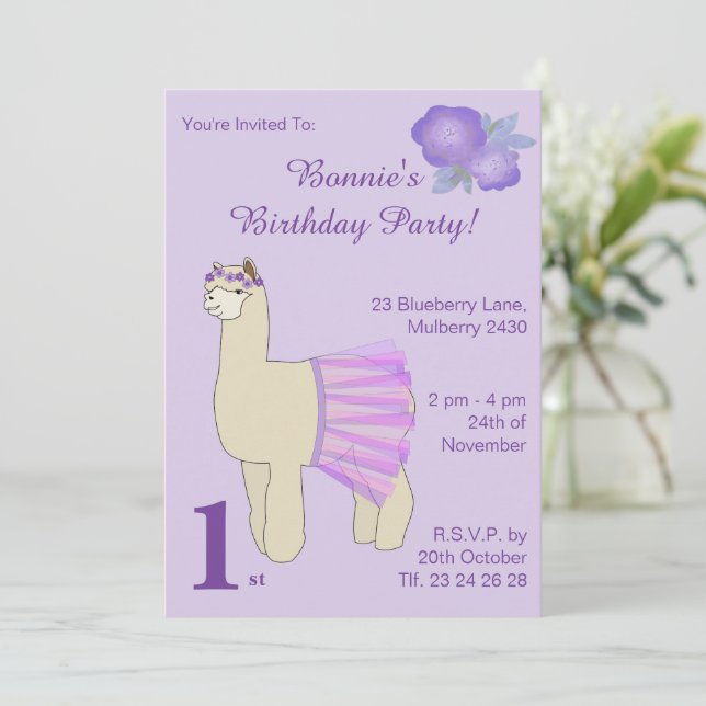 Invitación illusima Ballerina Llama Chicas Purple Birthday (Anverso de pie)