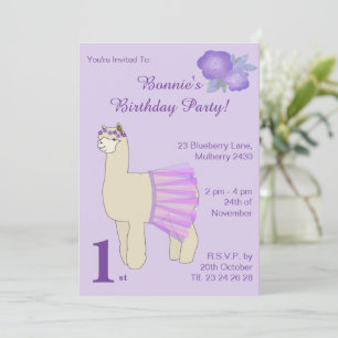 Invitación illusima Ballerina Llama Chicas Purple Birthday