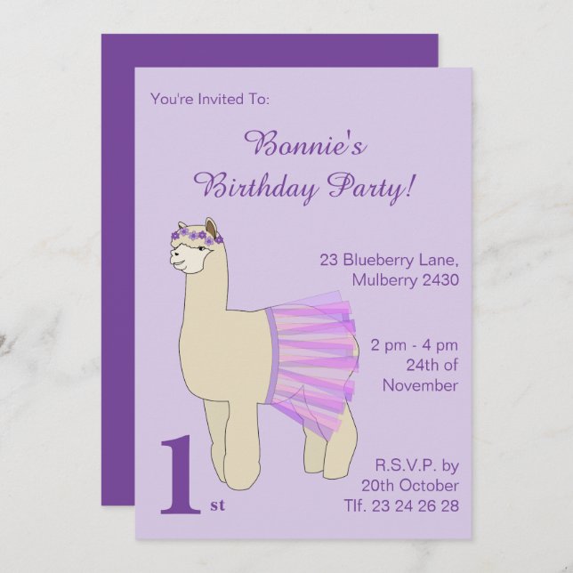 Invitación illusima Ballerina Llama Chicas Purple Birthday (Anverso / Reverso)