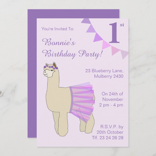 Invitación illusima Ballerina Llama Purple Flags Cumpleaños (Anverso / Reverso)