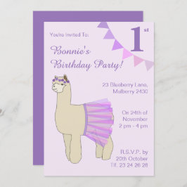 Invitación illusima Ballerina Llama Purple Flags Cumpleaños