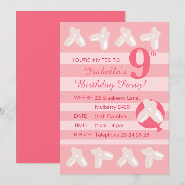 Invitación illusima Ballerina Shoes Chicas Pink Birthday (Anverso / Reverso)
