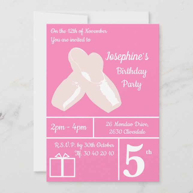 Invitación illusima Ballerina Shoes Dark Pink Birthday (Anverso)
