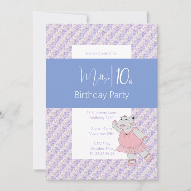 Invitación illusima Blue Ballerina Hippo 10 cumpleaños (Anverso)