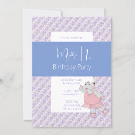 Invitación illusima Blue Ballerina Hippo Primer cumpleaños
