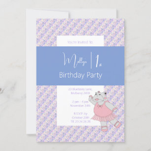 Invitación illusima Blue Ballerina Hippo Primer cumpleaños
