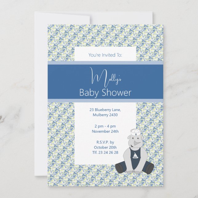 Invitación illusima Blue Floral Sailor Rhino Baby Shower (Anverso)