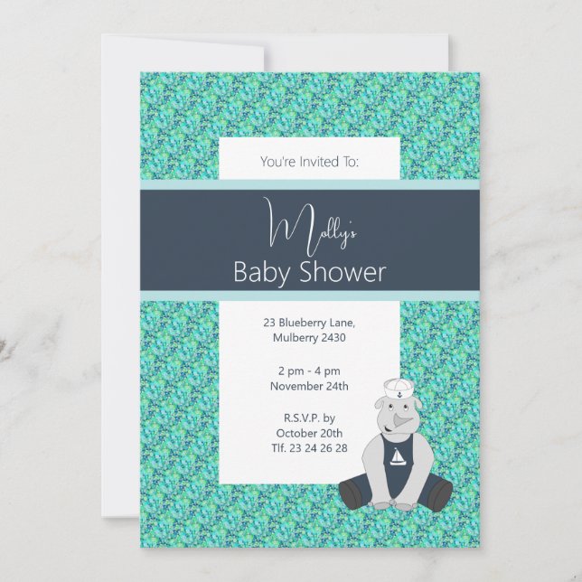 Invitación illusima Blue Floral Sailor Rhino Baby Shower (Anverso)