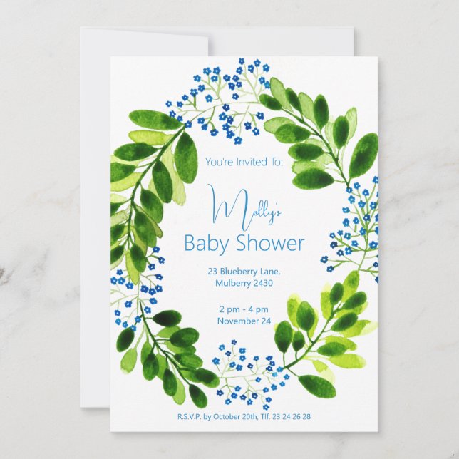 Invitación illusima Blue Floral Wreath Baby Shower (Anverso)