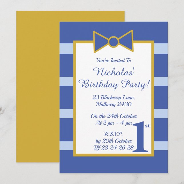 Invitación illusima Blue Stripes Boys Gold Bow Cumpleaños Par (Anverso / Reverso)