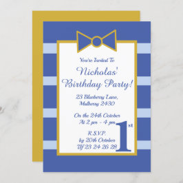 Invitación illusima Blue Stripes Boys Gold Bow Cumpleaños Par