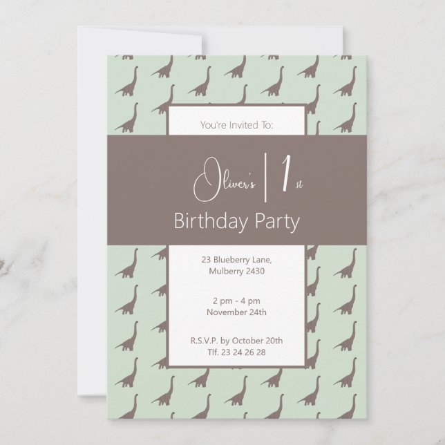 Invitación illusima Brown Long Neck Dinosaurs 1er cumpleaños (Anverso)