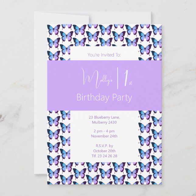 Invitación Illusima Butterfly Pattern Purple 1º cumpleaños (Anverso)