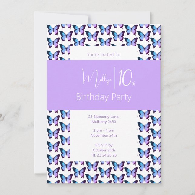 Invitación illusima Butterfly Pattern Purple 10 cumpleaños (Anverso)