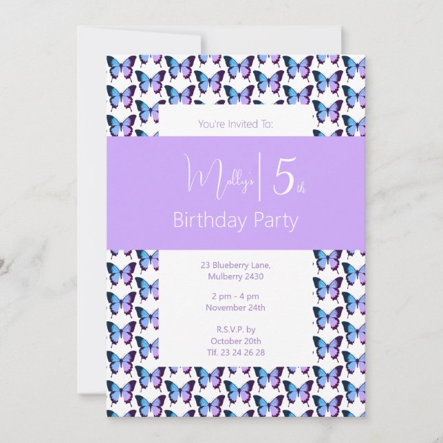 Invitación Illusima Butterfly Pattern Purple 5º cumpleaños (Anverso)