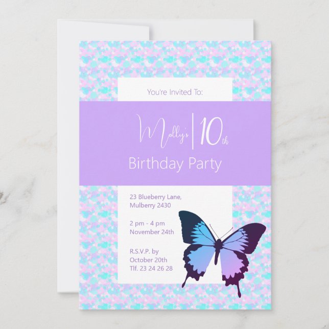 Invitación illusima Butterfly Purple Confetti 10 cumpleaños (Anverso)