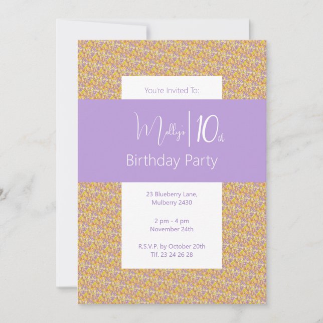 Invitación illusima Chicas morados de flores amarillo morado  (Anverso)