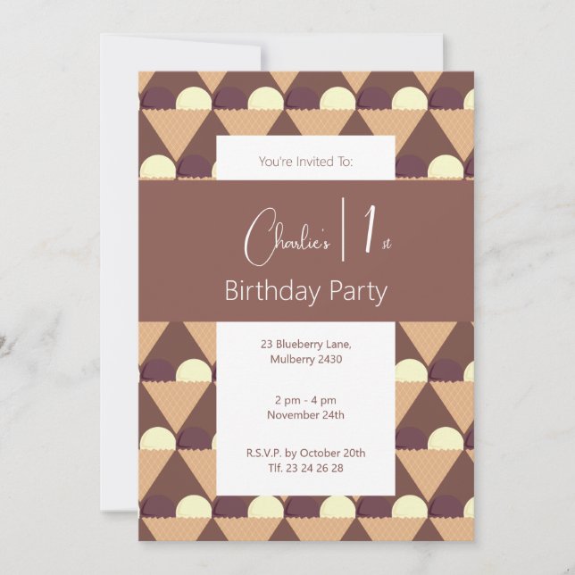 Invitación illusima Choco Banana Icecream Cones 1er cumpleaño (Anverso)