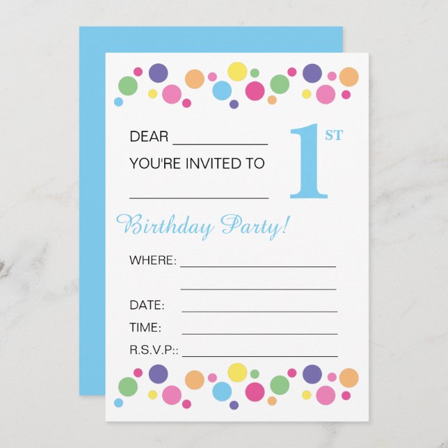 Invitación illusima Circles, Blue Back, primer Fiesta de cump (Anverso / Reverso)
