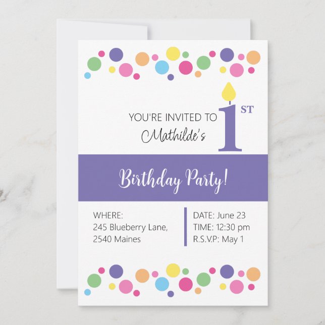 Invitación illusima Círculos arcoiris, primer cumpleaños mora (Anverso)