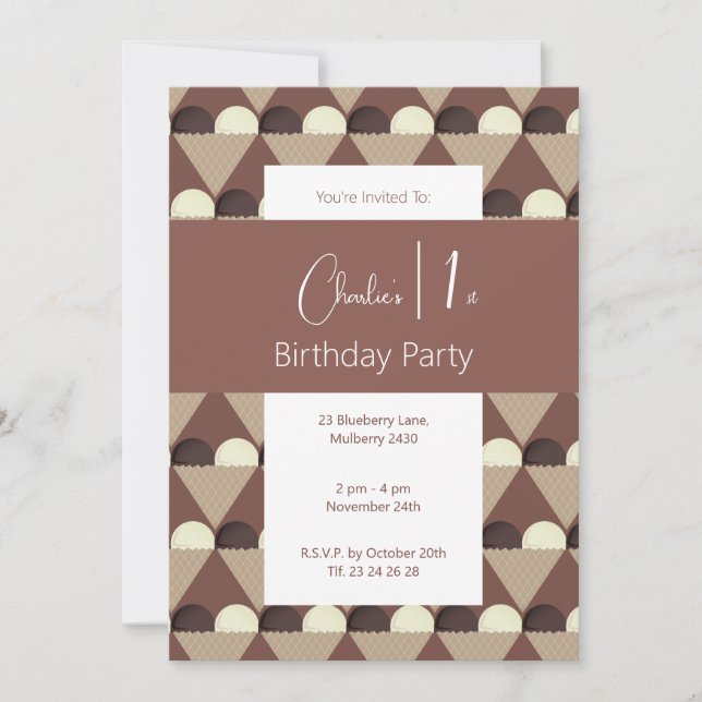 Invitación illusima Dark Chococolate Icecream 1er cumpleaños (Anverso)