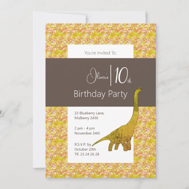 Invitación illusima Dinosaur Brown Yellow 10 cumpleaños (Anverso)
