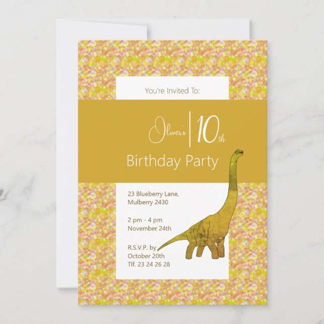 Invitación illusima Dinosaurio de cuello largo amarillo 10 cu (Anverso)