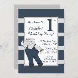 Invitación illusima Drama Hippo Boys Blue Birthday Party