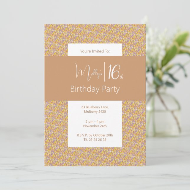 Invitación illusima Flores Amarillas Moradas Cumpleaños 16 (Anverso de pie)