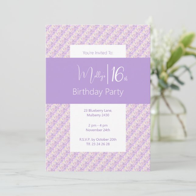 Invitación illusima flores moradas adolescentes 16 cumpleaños (Anverso de pie)