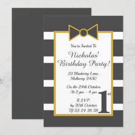 Invitación illusima Gray Gold Stripy Boys Bow Birday Party