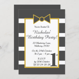 Invitación illusima Gray Gold Stripy Boys Bow Birday Party