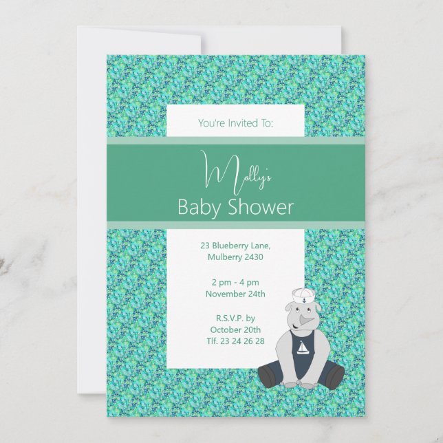 Invitación illusima Green Floral Sailor Rhino Baby Shower (Anverso)
