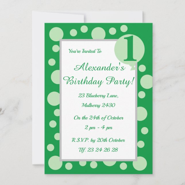 Invitación illusima Green Spots & Dots Boys 1º cumpleaños (Anverso)
