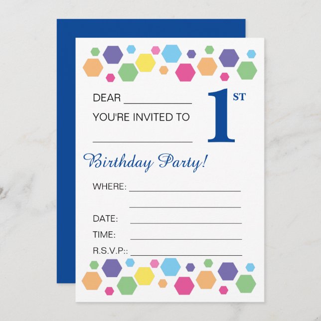 Invitación illusima Hexigons, azul oscuro, Fiesta de primer c (Anverso / Reverso)